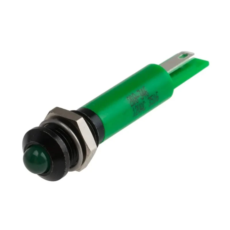 RS PRO Green Panel Mount Indicator 12V AC 20mA Solder Tab Termination Prominent Bezel 208-346