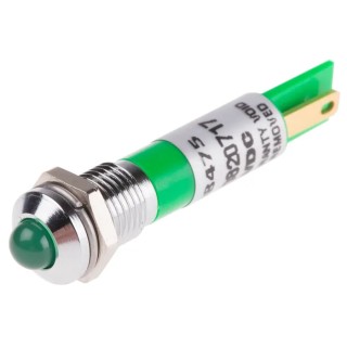 RS PRO Green Panel Mount Indicator 12V DC 20mA Solder Tab Termination Prominent Bezel 208-475