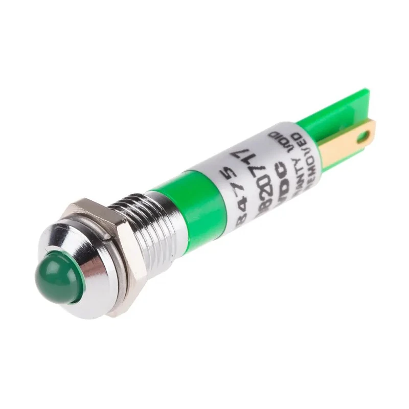 RS PRO Green Panel Mount Indicator 12V DC 20mA Solder Tab Termination Prominent Bezel 208-475