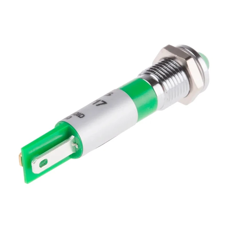 RS PRO Green Panel Mount Indicator 12V DC 20mA Solder Tab Termination Prominent Bezel 208-475