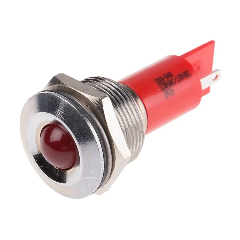 RS PRO Red Panel Mount Indicator, 230 V AC, 130 V DC, 3 mA Current, Silver Bezel, 67.5 mm Length, Model 208-548