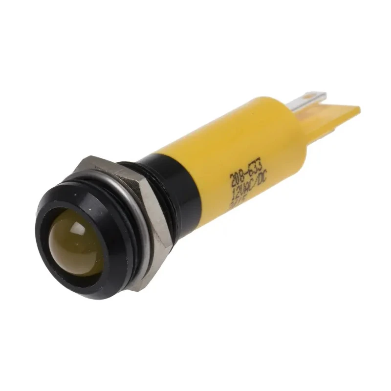 RS PRO Yellow Panel Mount Indicator, 12 V AC/DC, 20mA Current, Solder Tab Termination, IP67 Rated, Prominent Bezel 208-633