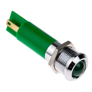 RS PRO Green Panel Mount Indicator 24 V AC/DC 20mA Solder Tab Termination IP67 Prominent Bezel 208-481