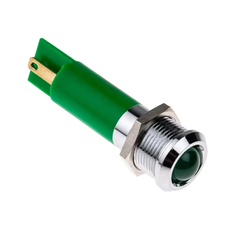 RS PRO Green Panel Mount Indicator 24 V AC/DC 20mA Solder Tab Termination IP67 Prominent Bezel 208-481