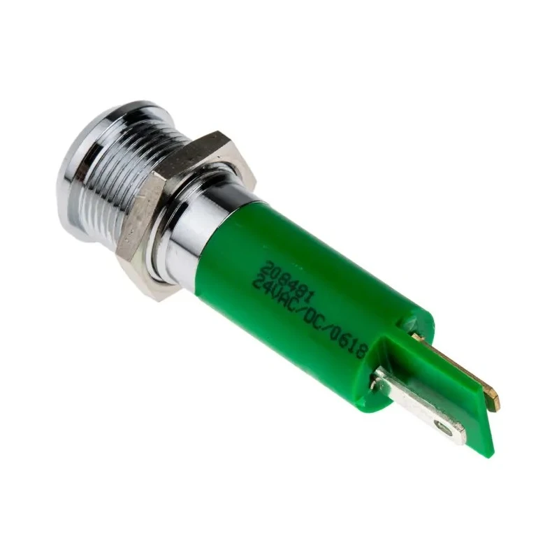 RS PRO Green Panel Mount Indicator 24 V AC/DC 20mA Solder Tab Termination IP67 Prominent Bezel 208-481