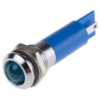 RS PRO Blue Panel Mount Indicator, 12 V AC/DC, 20mA, Solder Tab Termination, IP67, Prominent Bezel 208-734