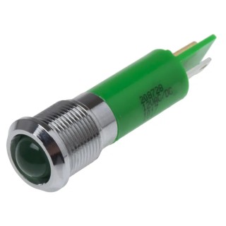 RS PRO Green Panel Mount Indicator, 12 V AC/DC, 20mA, Solder Tab Termination, IP67, Prominent Bezel, Silver Bezel 208-728