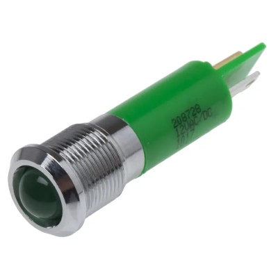 RS PRO Green Panel Mount Indicator, 12 V AC/DC, 20mA, Solder Tab Termination, IP67, Prominent Bezel, Silver Bezel 208-728