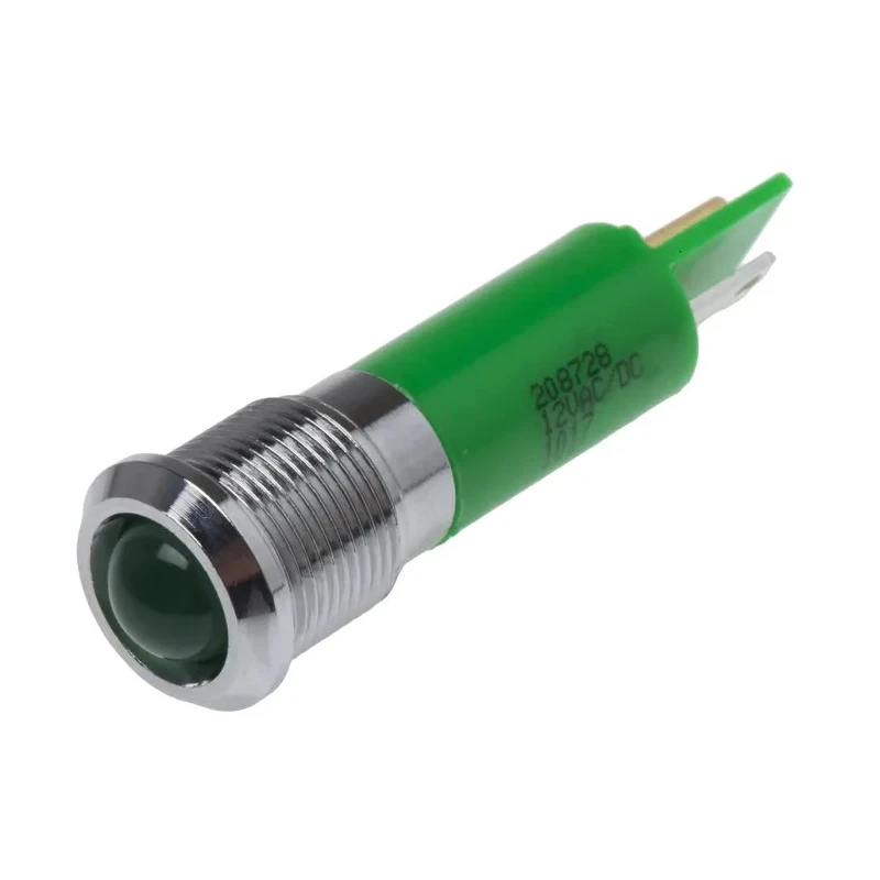 RS PRO Green Panel Mount Indicator, 12 V AC/DC, 20mA, Solder Tab Termination, IP67, Prominent Bezel, Silver Bezel 208-728