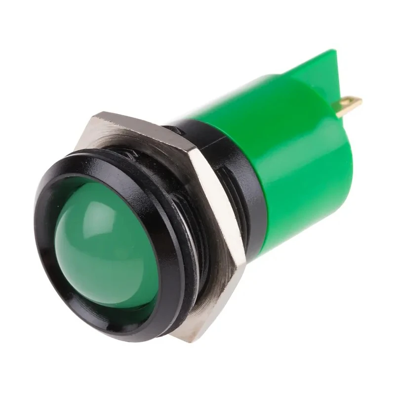RS PRO Green Panel Mount Indicator, 12 V AC/DC, 20mA Current, Solder Tab Termination, Prominent Bezel 208-879