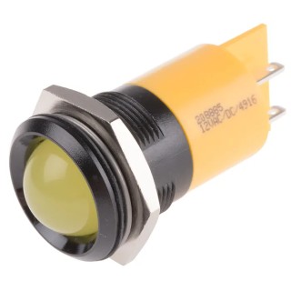 RS PRO Yellow Panel Mount Indicator 12 V AC/DC 20mA Solder Tab Termination Prominent Bezel 208-885
