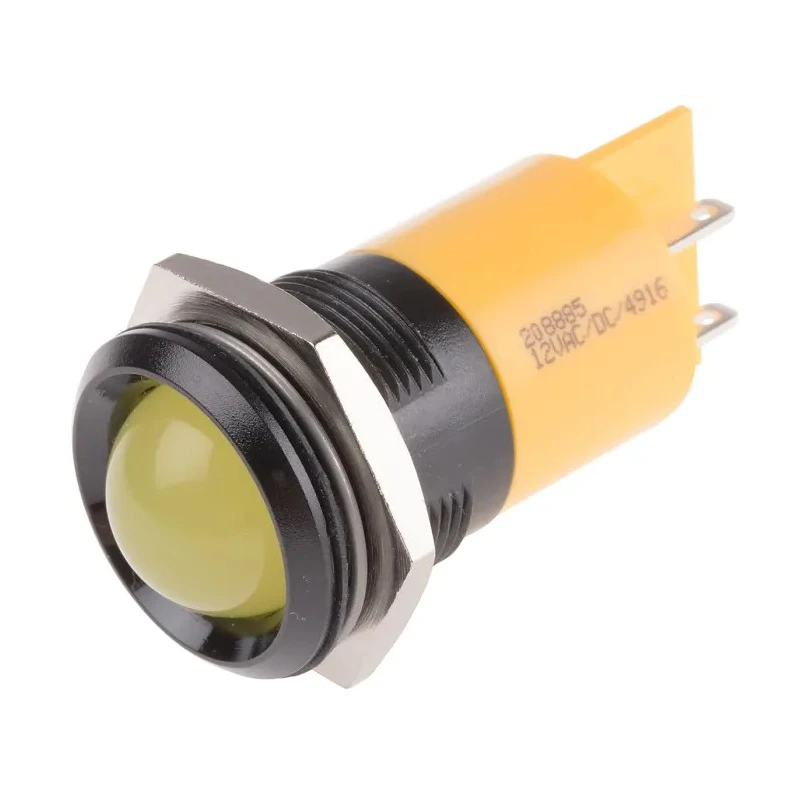 RS PRO Yellow Panel Mount Indicator 12 V AC/DC 20mA Solder Tab Termination Prominent Bezel 208-885