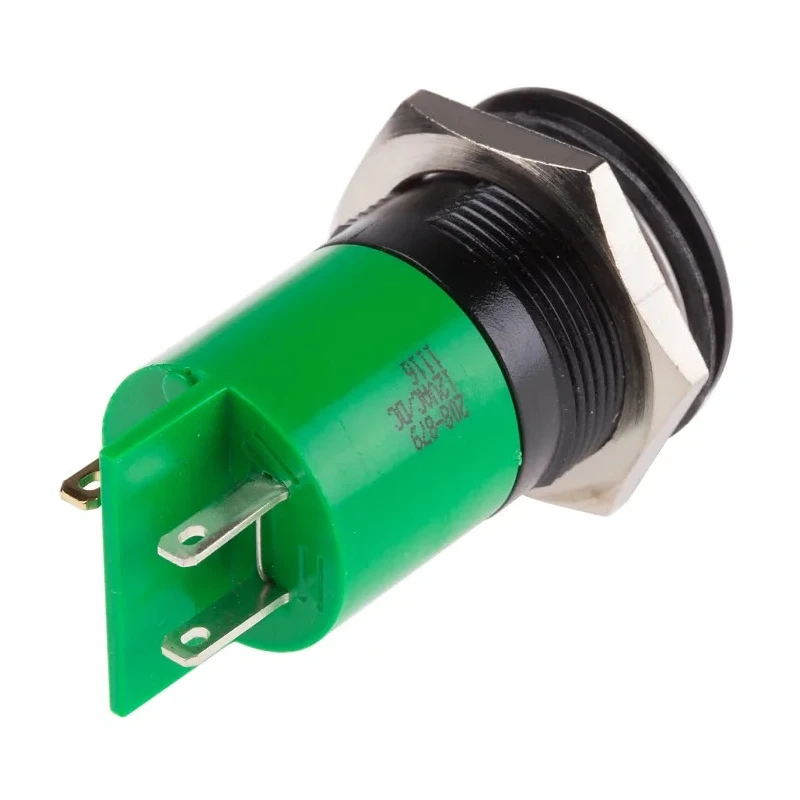 RS PRO Green Panel Mount Indicator, 12 V AC/DC, 20mA Current, Solder Tab Termination, Prominent Bezel 208-879