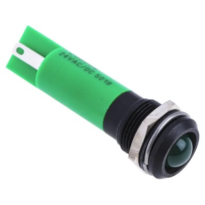 RS PRO Green Panel Mount Indicator 24 V AC/DC 20mA Solder Tab Termination IP67 Prominent Bezel 209-068