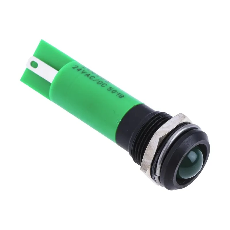 RS PRO Green Panel Mount Indicator 24 V AC/DC 20mA Solder Tab Termination IP67 Prominent Bezel 209-068