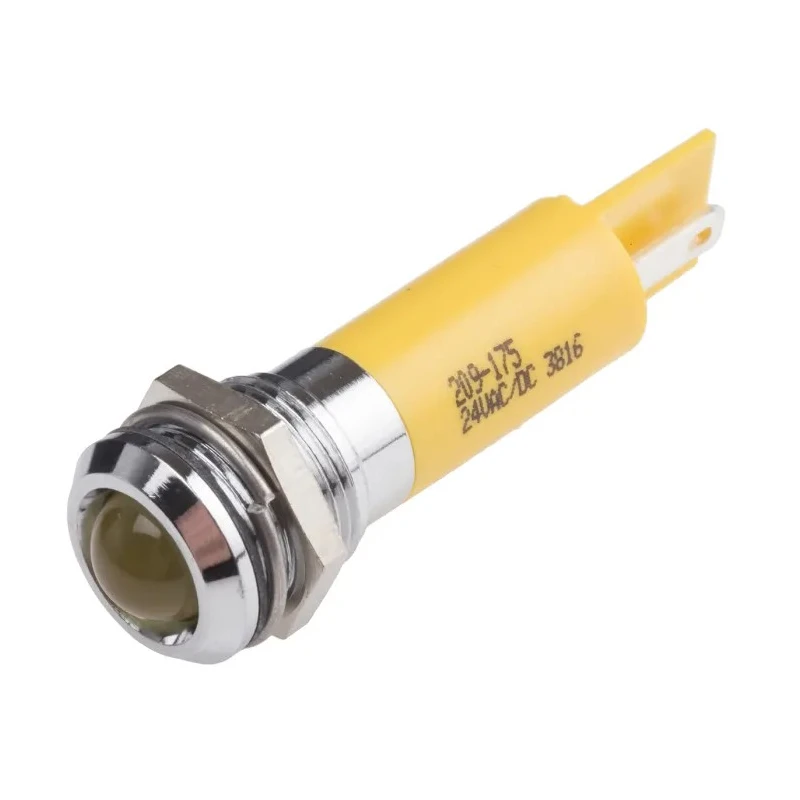RS PRO Yellow Panel Mount Indicator 24 V AC/DC, 20mA, Solder Tab Termination, IP67, Prominent Bezel 209-175
