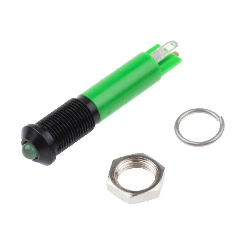 RS PRO Green Panel Mount Indicator 24V DC 20mA Solder Tab Termination Prominent Bezel 210-333
