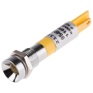 RS PRO Yellow Panel Mount Indicator 110V AC 6mA Solder Tab Termination Recessed Silver Bezel 211-077