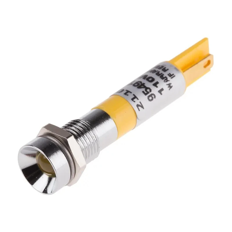 RS PRO Yellow Panel Mount Indicator 110V AC 6mA Solder Tab Termination Recessed Silver Bezel 211-077