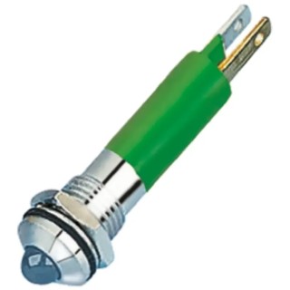 RS PRO Green Panel Mount Indicator, 24 V AC/DC, 20mA, Solder Tab Termination, IP67, Prominent Bezel, Silver, 44mm 211-522
