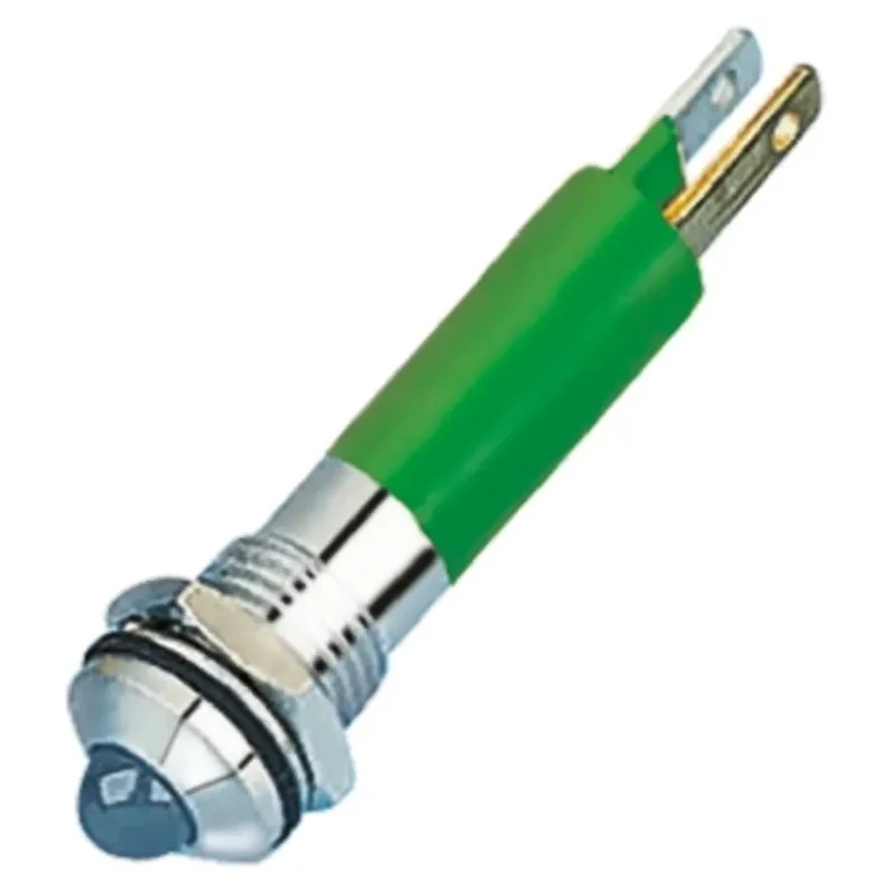 RS PRO Green Panel Mount Indicator, 24 V AC/DC, 20mA, Solder Tab Termination, IP67, Prominent Bezel, Silver, 44mm 211-522