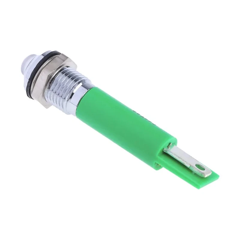 RS PRO Green Panel Mount Indicator, 24 V AC/DC, 20mA, Solder Tab Termination, IP67, Prominent Bezel, Silver, 44mm 211-522