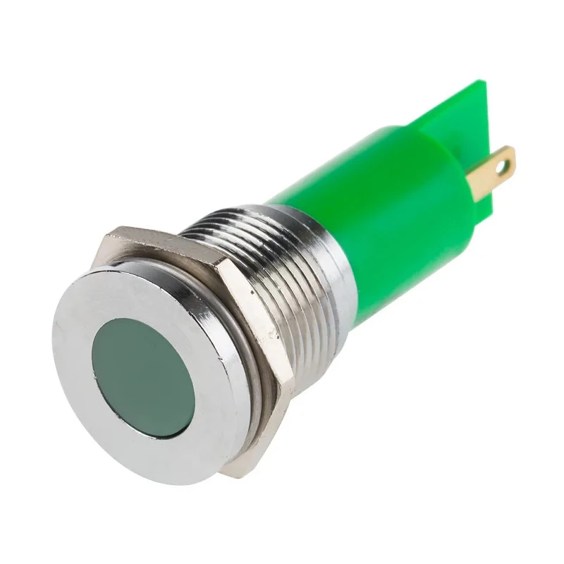 RS PRO Green Panel Mount Indicator 24 V AC/DC 20mA Solder Tab Termination IP67 Flush Bezel Silver 211-774