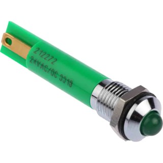RS PRO Green Panel Mount Indicator 24V dc 17mA Solder Tab Termination IP67 Silver Bezel 212-272