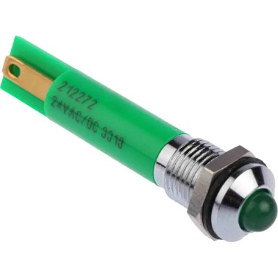 RS PRO Green Panel Mount Indicator 24V dc 17mA Solder Tab Termination IP67 Silver Bezel 212-272