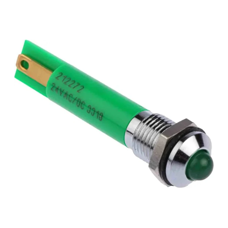 RS PRO Green Panel Mount Indicator 24V dc 17mA Solder Tab Termination IP67 Silver Bezel 212-272