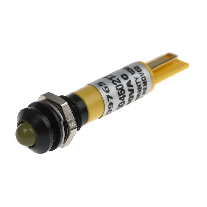 RS PRO Yellow Panel Mount Indicator 17mA Solder Tab Termination IP67 Silver Bezel 44mm 212-266