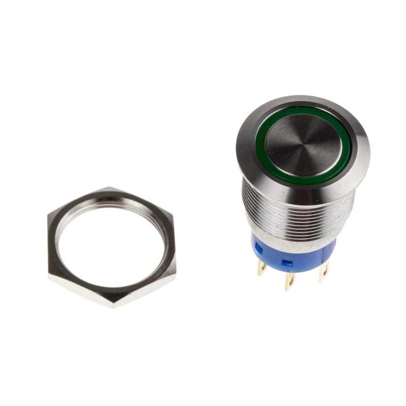 KNITTER-SWITCH Illuminated Vandal Proof Momentary Push Button Switch DPDT 19.2 mm Cutout Green LED MAV19A0F20E-624-JR