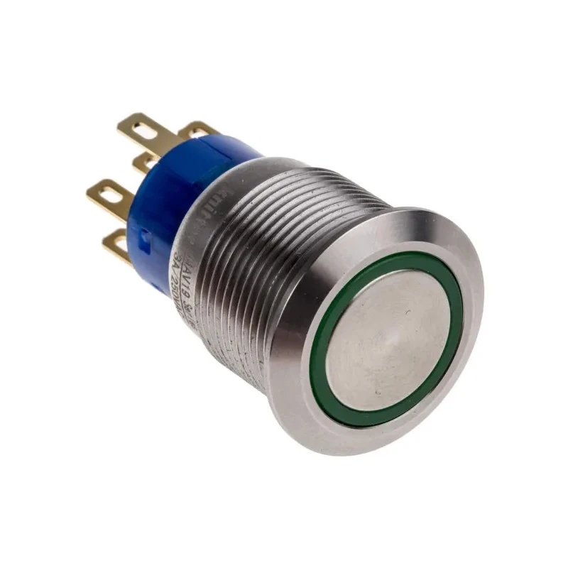 KNITTER-SWITCH Illuminated Vandal Proof Momentary Push Button Switch DPDT 19.2 mm Cutout Green LED MAV19A0F20E-624-JR