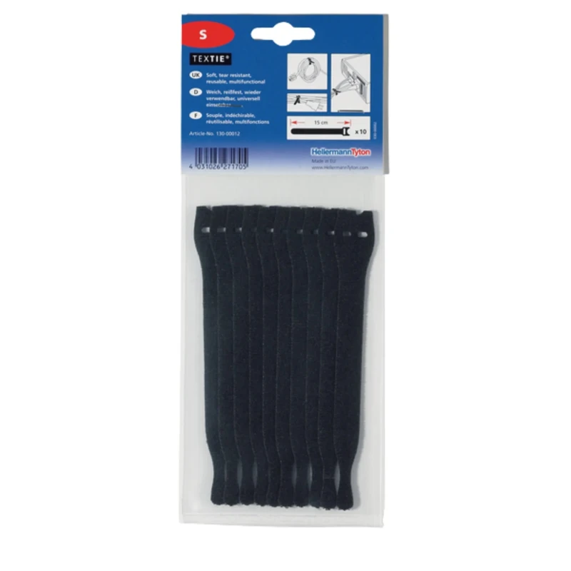 HellermannTyton Cable Tie Hook & Loop 150 mm Length x 12.5 mm Width Black Polypropylene 130-00012 TEXTIE S-PA66/PP-BK