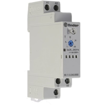 Finder 80 Series DIN Rail Timer Relay SPDT 1-Contact 24 to 240 V AC/DC 0.1 to 20 s/min/h ON Delay 16A 80.11.0.240.0000