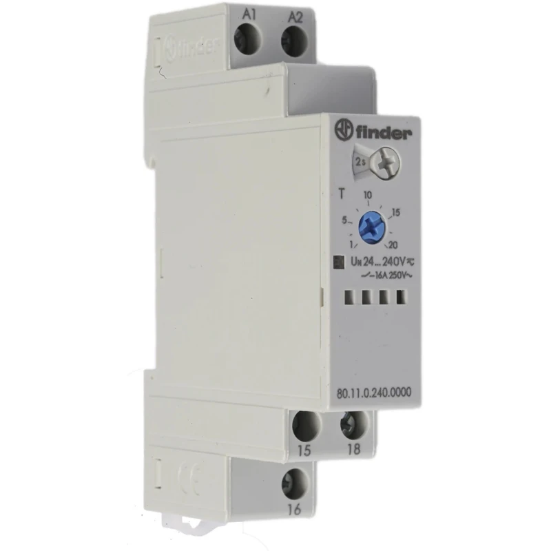 Finder 80 Series DIN Rail Timer Relay SPDT 1-Contact 24 to 240 V AC/DC 0.1 to 20 s/min/h ON Delay 16A 80.11.0.240.0000
