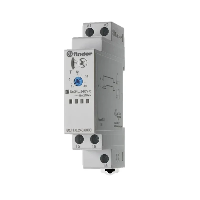 Finder 80 Series DIN Rail Timer Relay SPDT 1-Contact 24 to 240 V AC/DC 0.1 to 20 s/min/h ON Delay 16A 80.11.0.240.0000