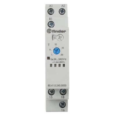 Finder 80 Series DIN Rail Timer Relay, 1-Contact, 240 V dc, 24 V ac, 240 V ac, 0.1 to 20 s, 0.1 to 24 h 80.41.0.240.0000