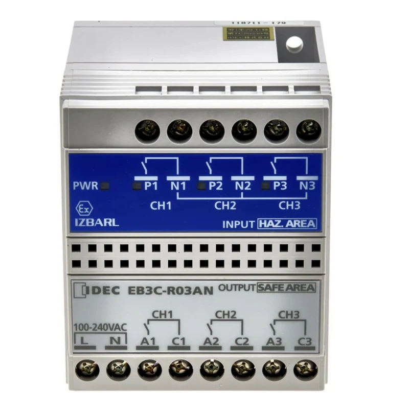 Idec 3 Channel Relay Zener Barrier ATEX Certified, DIN Rail Mount, 100-240V AC, 14.2mA Safety Current EB3C-R03AN