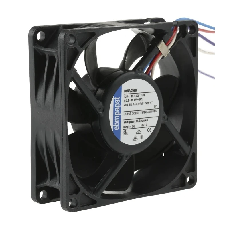 ebm-papst 8450 Series Axial Fan, 12V DC, 82 m³/h Airflow, 3.6 W Power, 0.12 A Max Current, IP20, 80 x 80 x 25.4 mm 8452/2HHP