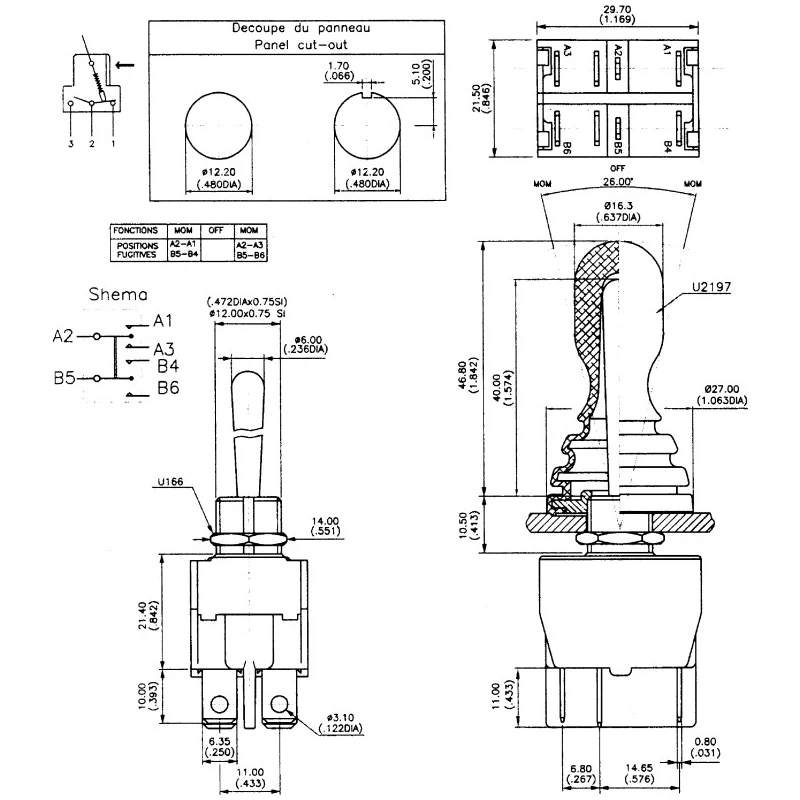 APEM Industrial Toggle Switch, Panel Mount, On-On DPDT, Solder Terminal, 24 V dc, 250 V ac 646H/2-5