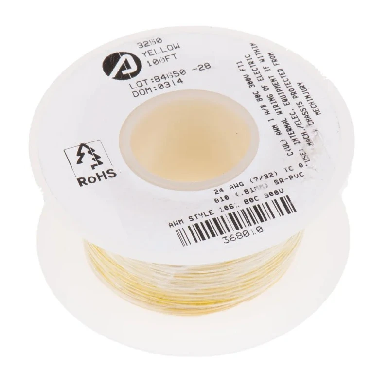 Alpha Wire Hookup Wire PVC Series Yellow, 24 AWG, 7 x 0.20 mm Core Strands, 30 m Length, Tinned Copper Conductor 3250 YL005