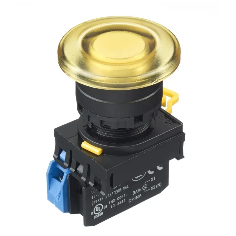Idec YW Series Illuminated Push Button Complete Unit Panel Mount 22mm Cutout Yellow SPST Maintained IP65 YW1L-A4E10Q4Y
