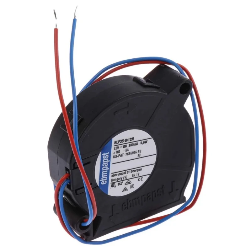 ebm-papst RLF 35 Series Centrifugal Fan, 12V DC, 9.6 m³/h Airflow, 6700 RPM, 51mm x 51mm x 15mm RLF35-8/12N