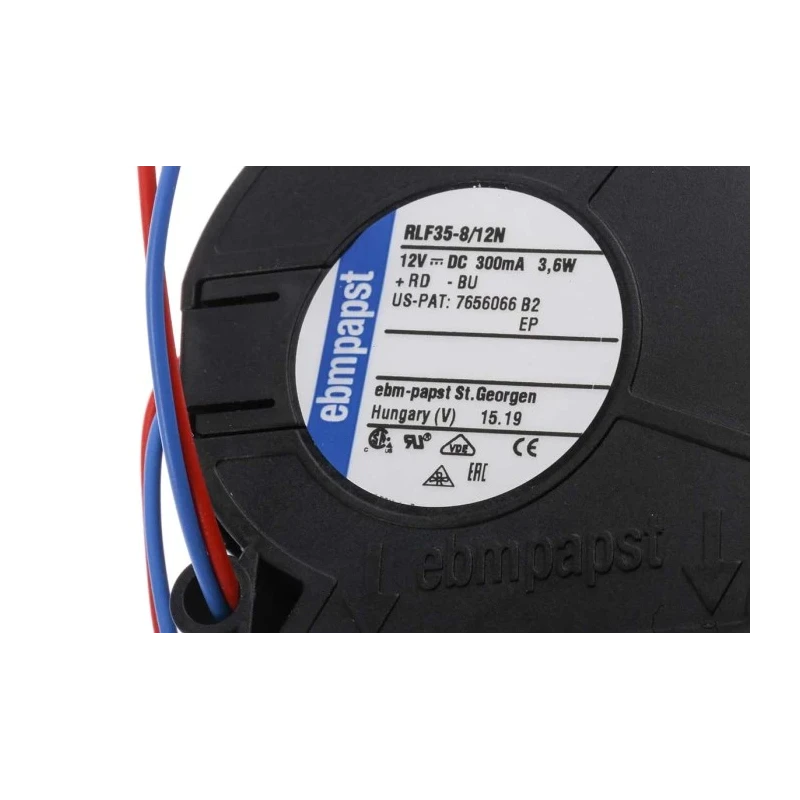 ebm-papst RLF 35 Series Centrifugal Fan, 12V DC, 9.6 m³/h Airflow, 6700 RPM, 51mm x 51mm x 15mm RLF35-8/12N