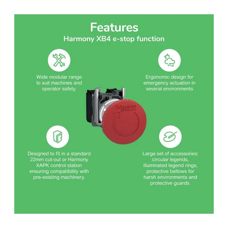 Schneider Electric Harmony Series Twist Release Emergency Stop Push Button Panel Mount 22mm Cutout IP67 IP69K IP66 ZB4BS844