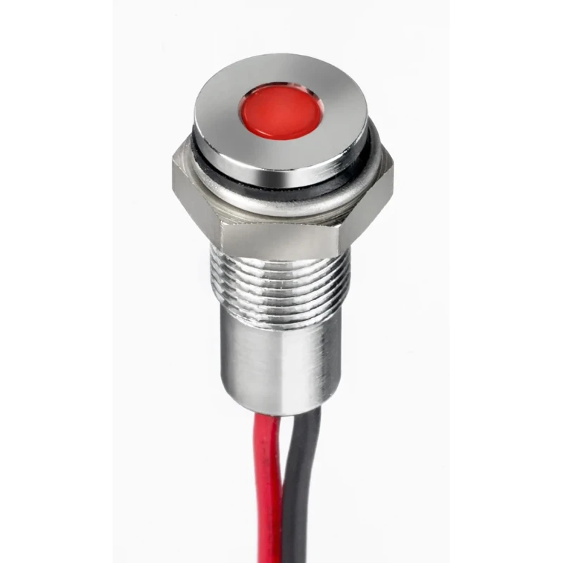 RS PRO Red Panel Mount Indicator, 1.8V DC, 3.3V DC, 20mA, Lead Wire Termination, IP67, Flush Bezel, Silver 171-3770