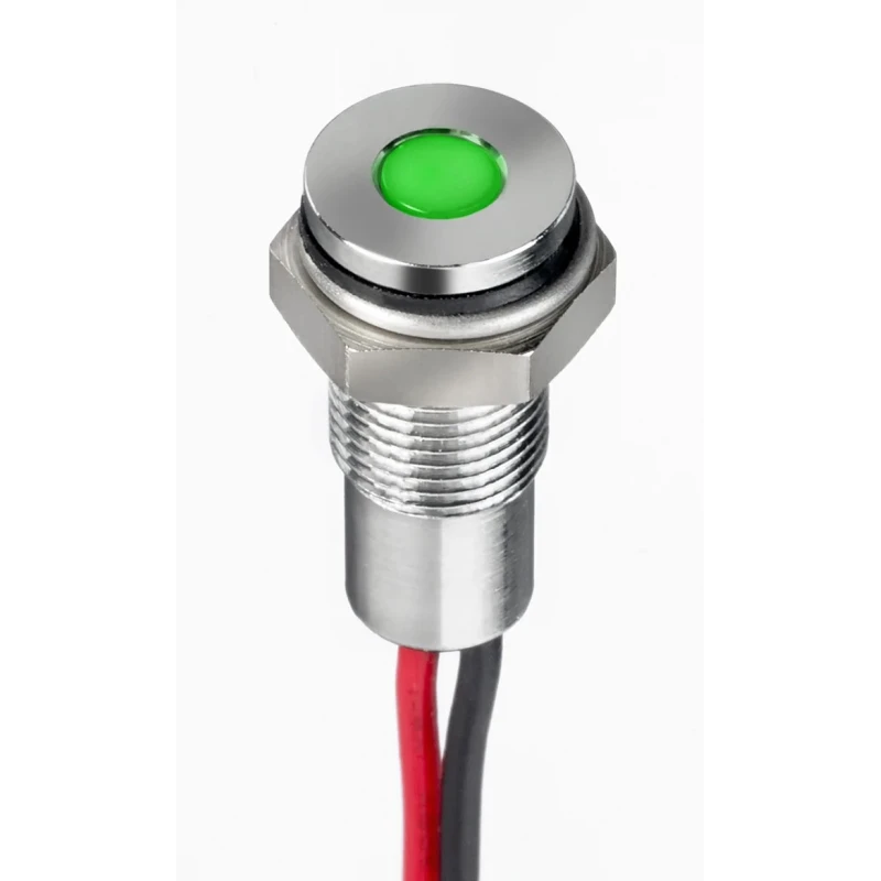 RS PRO Green Panel Mount Indicator 21.6V DC, 26.4V DC, 20mA, Lead Wire Termination, IP67 Flush Bezel 171-3787