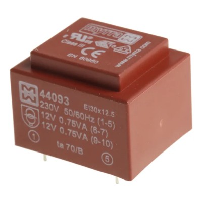 Myrra 12 V ac 2 Output PCB Transformer UL 94 VO, EN 60950, CEI 126, EN 61558-2-6, UL 5085, CEI 85 1.8 VA 44093