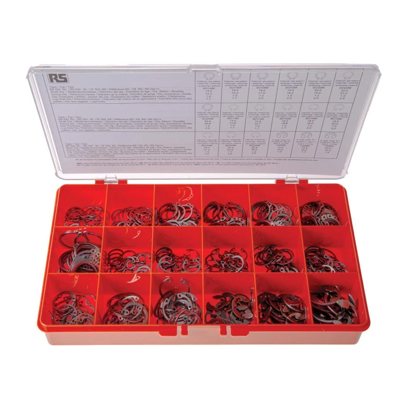 RS PRO Stainless Steel Circlip Kit 450 Pieces Shaft Diameter 2.25 mm to 25 mm Model 278-376